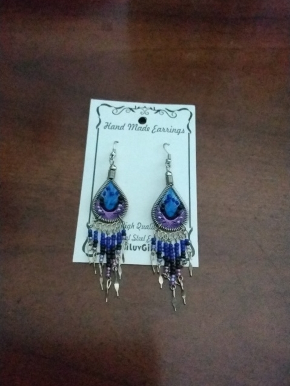 Hand Made Blue & Purple Teardrop Dangle Earrings